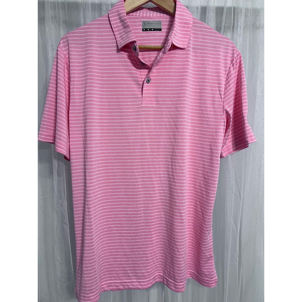 PGATOUR Mens‎ Pink Stripe Short Sleeve Golf Polo Shirt Size Medium